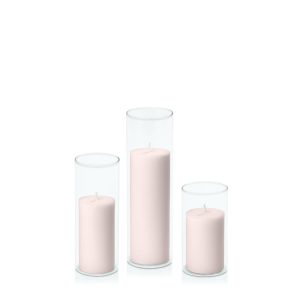 Centrepiece Sets | Antique Pink 5cm Pillar in 5.8cm Glass Set – Med Candles Antique Pink