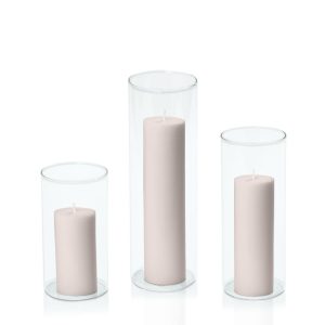 Centrepiece Sets | Antique Pink 5cm Pillar in 8cm Glass Set – Med Candles Antique Pink