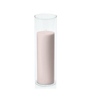 Centrepiece Sets | Antique Pink 7cm x 20cm Pillar in 8cm x 25cm Glass Candle & Glass Sets Antique Pink