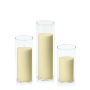 Centrepiece Sets | Buttercream 7cm Pillar in 8cm Glass Set – Med Candles Buttercream