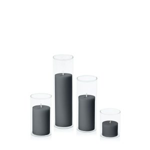 Centrepiece Sets | Charcoal 5cm Pillar in 5.8cm Glass Set – Sm Candles Centrepiece Sets