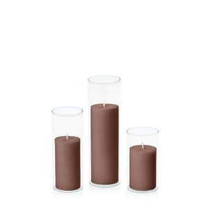 Centrepiece Sets | Chocolate 5cm Pillar in 5.8cm Glass Set – Med Candles Centrepiece Sets