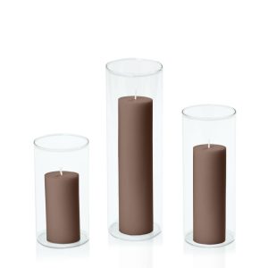 Centrepiece Sets | Chocolate 5cm Pillar in 8cm Glass Set – Med Candles Centrepiece Sets