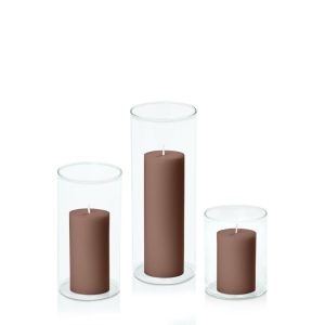 Centrepiece Sets | Chocolate 5cm Pillar in 8cm Glass Set – Sm Candles Centrepiece Sets