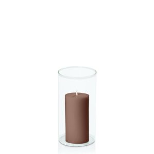 Centrepiece Sets | Chocolate 5cm x 10cm Pillar in 8cm x 15cm Glass Candle & Glass Sets Centrepiece Sets