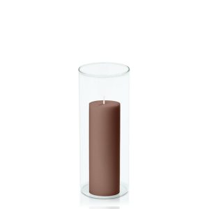 Centrepiece Sets | Chocolate 5cm x 15cm Pillar in 8cm x 20cm Glass Candle & Glass Sets Centrepiece Sets