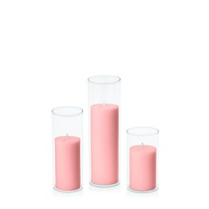 Centrepiece Sets | Coral Pink 5cm Pillar in 5.8cm Glass Set – Med Candles Centrepiece Sets