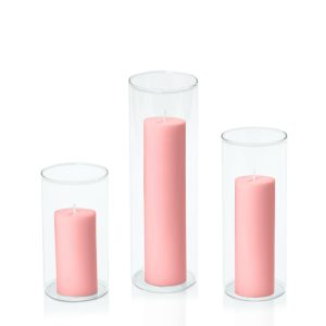 Centrepiece Sets | Coral Pink 5cm Pillar in 8cm Glass Set – Med Candles Centrepiece Sets