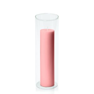 Centrepiece Sets | Coral Pink 5cm x 20cm Pillar in 8cm x 25cm Glass Candle & Glass Sets Centrepiece Sets