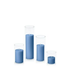 Centrepiece Sets | Dusty Blue 5cm Pillar in 5.8cm Glass Set – Sm Candles Centrepiece Sets