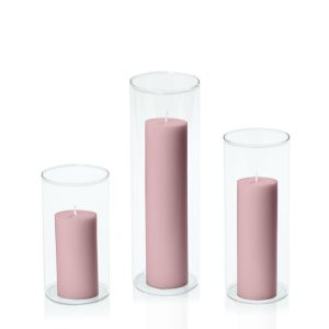 Centrepiece Sets | Dusty Pink 5cm Pillar in 8cm Glass Set – Med Candles Centrepiece Sets