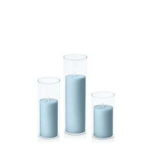 Centrepiece Sets | French Blue 5cm Pillar in 5.8cm Glass Set – Med Candles Centrepiece Sets