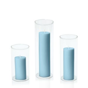 Centrepiece Sets | French Blue 5cm Pillar in 8cm Glass Set – Med Candles Centrepiece Sets