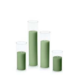 Centrepiece Sets | Green 5cm Pillar in 5.8cm Glass Set – Med Candles Centrepiece Sets