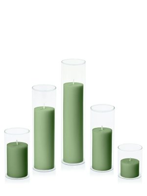 Centrepiece Sets | Green 5cm Pillar in 5.8cm Glass Set – Sm Candles Centrepiece Sets