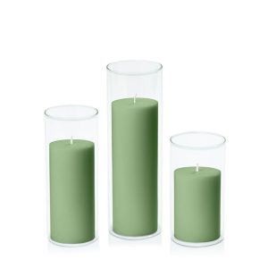 Centrepiece Sets | Green 7cm Pillar in 8cm Glass Set – Med Candles Centrepiece Sets