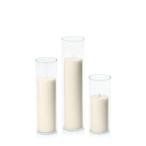 Centrepiece Sets | Ivory 5cm Pillar in 5.8cm Glass Set – Lg Candles Centrepiece Sets