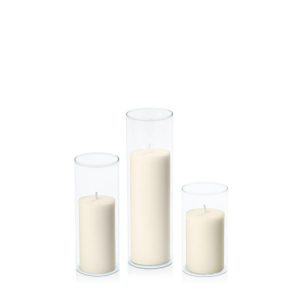 Centrepiece Sets | Ivory 5cm Pillar in 5.8cm Glass Set – Med Candles Centrepiece Sets