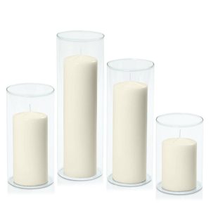 Centrepiece Sets | Ivory 7cm Event Pillar in 10cm Glass Set – Med Candles Candles