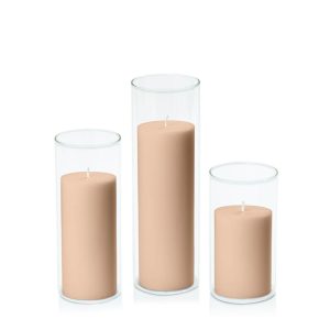 Centrepiece Sets | Latte 7cm Pillar in 8cm Glass Set – Med Candles Centrepiece Sets