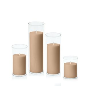 Centrepiece Sets | Latte 7cm Pillar in 8cm Glass Set – Sm Candles Centrepiece Sets