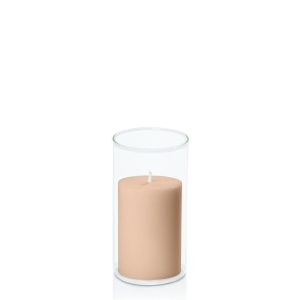 Centrepiece Sets | Latte 7cm x 10cm Pillar in 8cm x 15cm Glass Candle & Glass Sets Centrepiece Sets