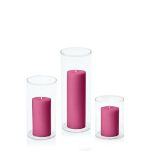 Centrepiece Sets | Magenta 5cm Pillar in 8cm Glass Set – Sm Candles Centrepiece Sets