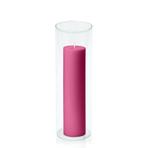 Centrepiece Sets | Magenta 5cm x 20cm Pillar in 8cm x 25cm Glass Candle & Glass Sets Centrepiece Sets