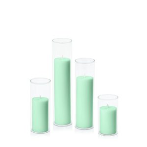 Centrepiece Sets | Mint Green 5cm Pillar in 5.8cm Glass Set – Med Candles Centrepiece Sets