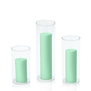 Centrepiece Sets | Mint Green 5cm Pillar in 8cm Glass Set – Med Candles Centrepiece Sets