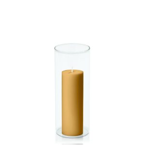 Centrepiece Sets | Mustard 5cm x 15cm Pillar in 8cm x 20cm Glass Candle & Glass Sets Centrepiece Sets