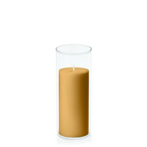 Centrepiece Sets | Mustard 7cm x 15cm Pillar in 8cm x 20cm Glass Candle & Glass Sets Centrepiece Sets