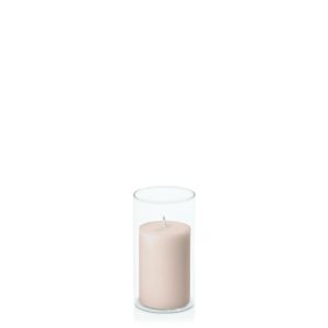 Centrepiece Sets | Nude 5cm x 7.5cm Pillar in 5.8cm x 12cm Glass Candle & Glass Sets Centrepiece Sets