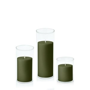 Centrepiece Sets | Olive 7cm Pillar in 8cm Glass Set – Sm Candles Centrepiece Sets