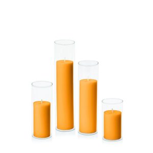 Centrepiece Sets | Orange 5cm Pillar in 5.8cm Glass Set – Med Candles Centrepiece Sets