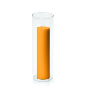 Centrepiece Sets | Orange 5cm x 20cm Pillar in 8cm x 25cm Glass Candle & Glass Sets Centrepiece Sets