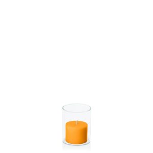 Centrepiece Sets | Orange 5cm x 4cm Pillar in 5.8cm x 7cm Glass Candle & Glass Sets Centrepiece Sets