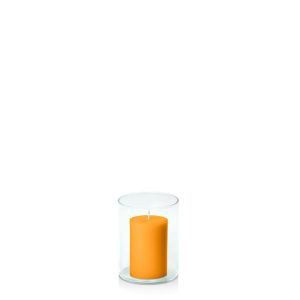 Centrepiece Sets | Orange 5cm x 7.5cm Pillar in 8cm x 10cm Glass Candle & Glass Sets Centrepiece Sets