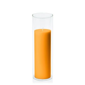 Centrepiece Sets | Orange 7cm x 20cm Pillar in 8cm x 25cm Glass Candle & Glass Sets Centrepiece Sets