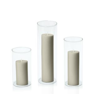 Centrepiece Sets | Pale Eucalypt 5cm Pillar in 8cm Glass Set – Med Candles Centrepiece Sets