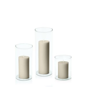 Centrepiece Sets | Pale Eucalypt 5cm Pillar in 8cm Glass Set – Sm Candles Centrepiece Sets