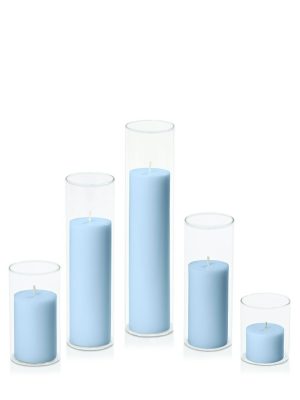 Centrepiece Sets | Pastel Blue 5cm Pillar in 5.8cm Glass Set – Sm Candles Centrepiece Sets