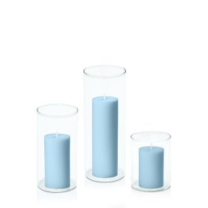 Centrepiece Sets | Pastel Blue 5cm Pillar in 8cm Glass Set – Sm Candles Centrepiece Sets