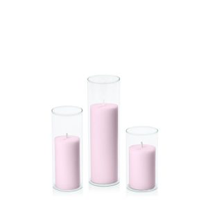 Centrepiece Sets | Pastel Pink 5cm Pillar in 5.8cm Glass Set – Med Candles Centrepiece Sets