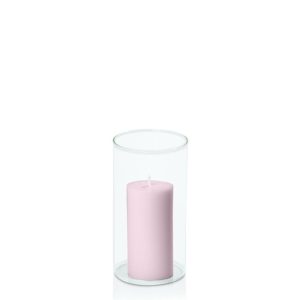 Centrepiece Sets | Pastel Pink 5cm x 10cm Pillar in 8cm x 15cm Glass Candle & Glass Sets Centrepiece Sets