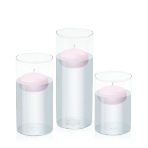 Centrepiece Sets | Pastel Pink 7.5cm Floating in 10cm Glass Set – Med Candles Centrepiece Sets