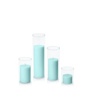 Centrepiece Sets | Pastel Teal 5cm Pillar in 5.8cm Glass Set – Sm Candles Centrepiece Sets