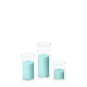 Centrepiece Sets | Pastel Teal 5cm Pillar in 5.8cm Glass Set – Sm Candles Centrepiece Sets