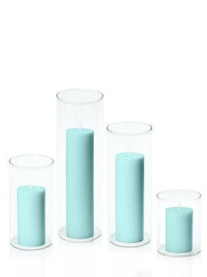 Centrepiece Sets | Pastel Teal 5cm Pillar in 8cm Glass Set – Sm Candles Centrepiece Sets