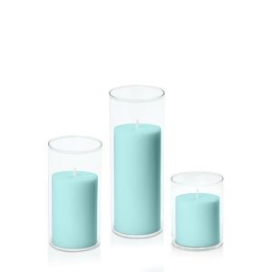 Centrepiece Sets | Pastel Teal 7cm Pillar in 8cm Glass Set – Sm Candles Centrepiece Sets